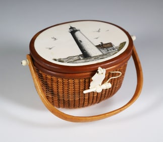 Terry Sylvia Miniature Nantucket Friendship Basket, Depicting a Polychrome Scrimshaw View of "Great