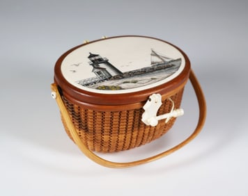 Terry Sylvia Miniature Nantucket Friendship Basket, Depicting a Polychrome Scrimshaw View of "Brant