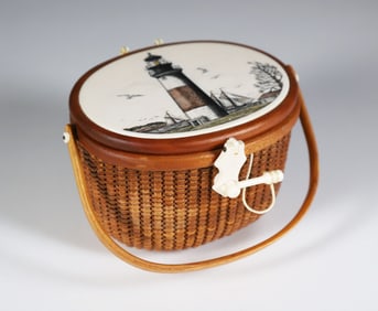 Terry Sylvia Miniature Nantucket Friendship Basket, with Polychrome Scrimshaw View of "Sankaty