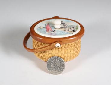 Miniature Oval Nantucket Basket with Polychrome Scrimshaw "Brant Point Lighthouse" Lid