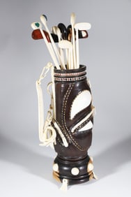 Miniature Carved Ebony Golf Bag with Clubs, Accompanied by Ebony Stand and Carved Golf Ball