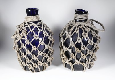 Pair of Rope Wrapped Cobalt Glass Rum Jugs
