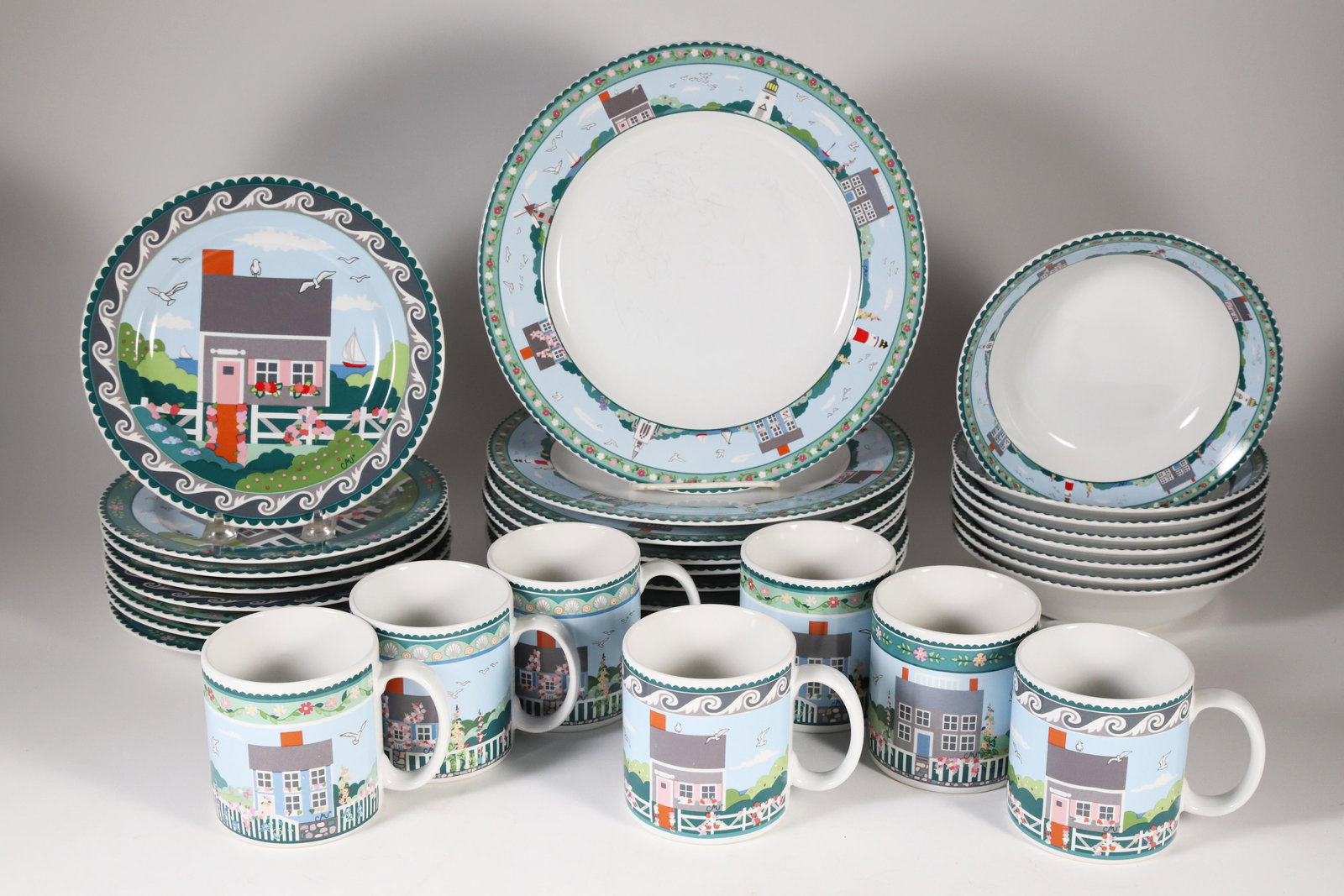 Claire Murray Sakura by Oneida Dinner Service: Claire Murray Sakura by Oneida Dinner Service comprising: 8 Dinner Plates 8 Salad Plates 8 Soup Bowls 7 Mugs