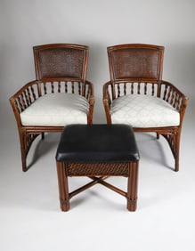 Pair of Mitchell Gold and Bob Williams Rattan Armchairs and Ottoman
