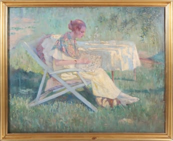 Marcel Canet Oil on Canvas "Lady in the Garden"