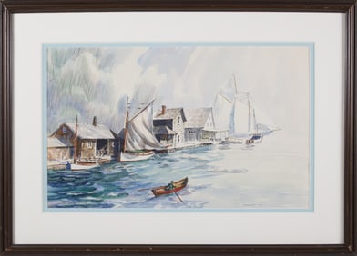 Gordon Grant Ink and Watercolor on Paper, "Nantucket Wharf Scene"