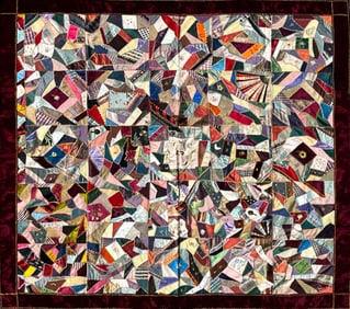 Antique Crazy Patchwork Quilt with Burgundy Velvet Border and Chintz Back, 19th Century