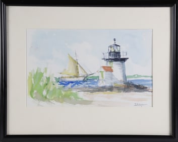 David Lazarus Watercolor on Paper, "Sailboat Rounding Brant Point"