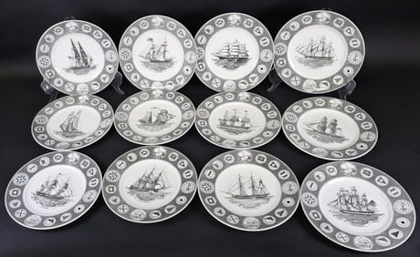 Set of Ten Vintage Wedgwood Sailing Ship Decorated Dinner Plates