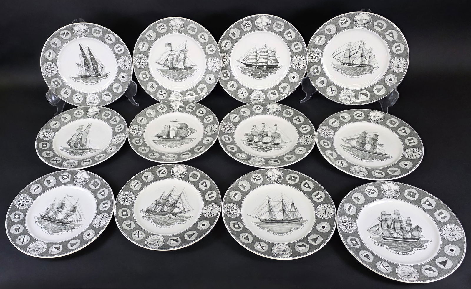 Set of Ten Vintage Wedgwood Sailing Ship Decorated Dinner Plates: Set of Ten Vintage Wedgwood Sailing Ship Decorated Dinner Plates, each with impressed makers mark, signal flag border, Made in England Of Etruria & Barlaston, representing ships: Margaret, Grand T