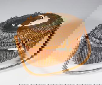 Bea & Helen "The Wooden Jug" Nantucket Cocktail Basket with Carved Nantucket Island on Lid, circa