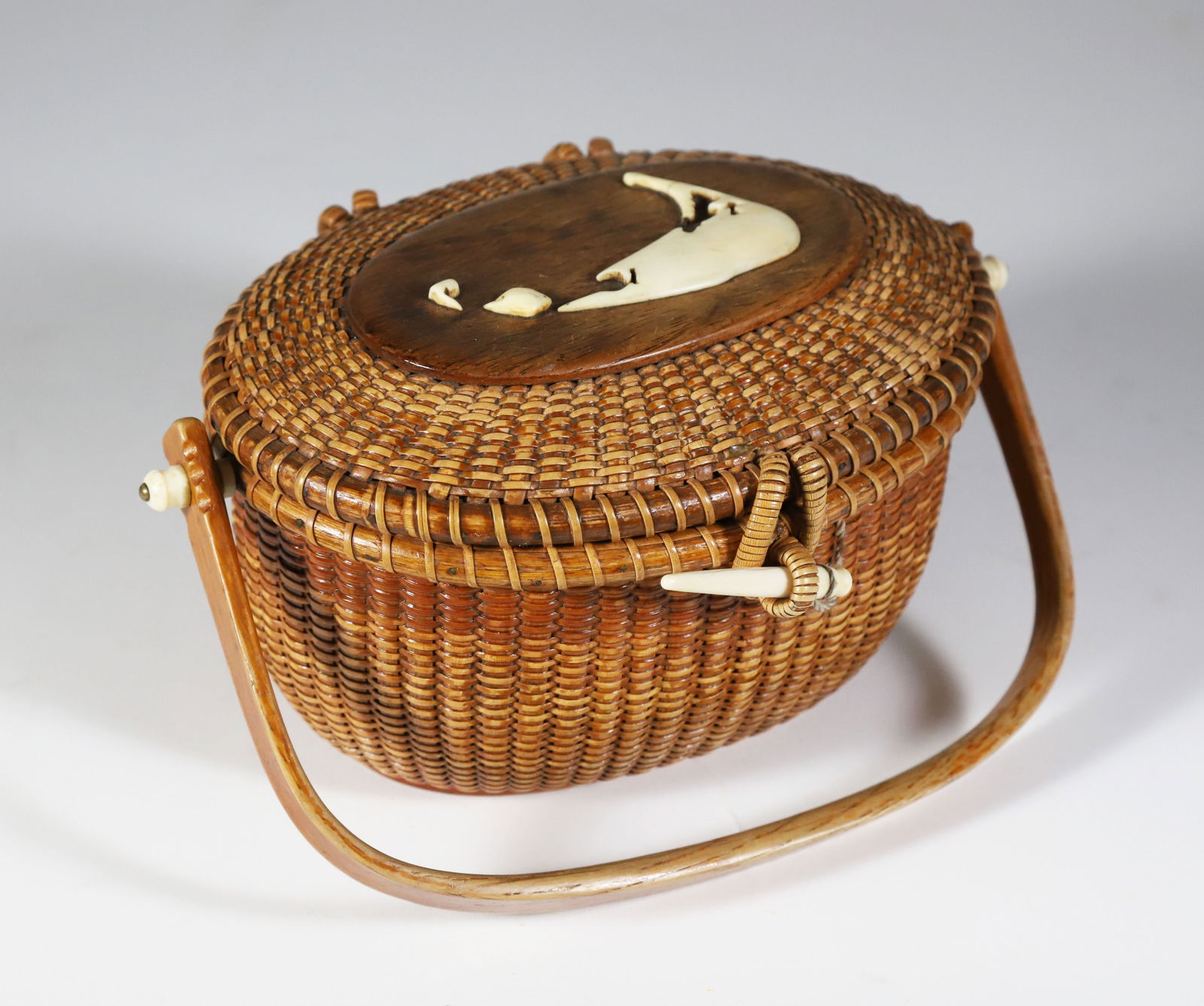 Bea & Helen "The Wooden Jug" Nantucket Cocktail Basket with Carved Nantucket Island on Lid, circa (1 of 6)