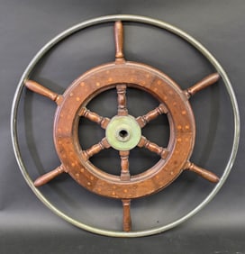 Vintage Nickel Plated and Mahogany Inlaid Yacht Ships Wheel