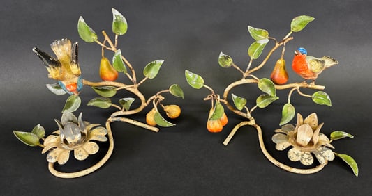 Pair of Vintage Painted Metal Bird and Foliate Candlesticks, 20th century
