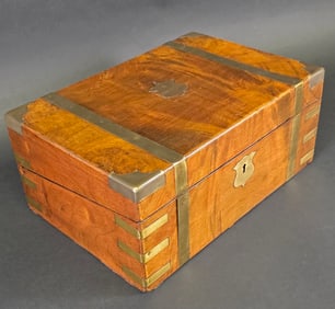 Antique Brass Bound Flame Birch Campaign Traveling Lap Desk, 19th century