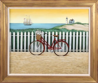 Lowell Herrero Oil on Canvas "Bicycle at the Beach", circa 1988