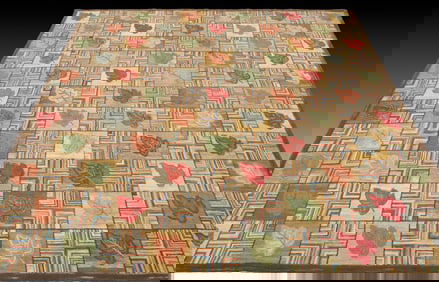 American Hooked Rug Oak Leaf Geometric Design