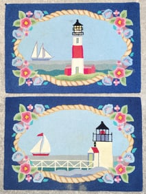 Vintage Brant Point and Sankaty Head Nantucket Lighthouse Hooked Rugs