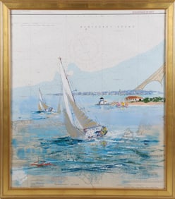 Kerry Hallam Acrylic on Nantucket Sound Chart "Sailboats Rounding Brant Point"