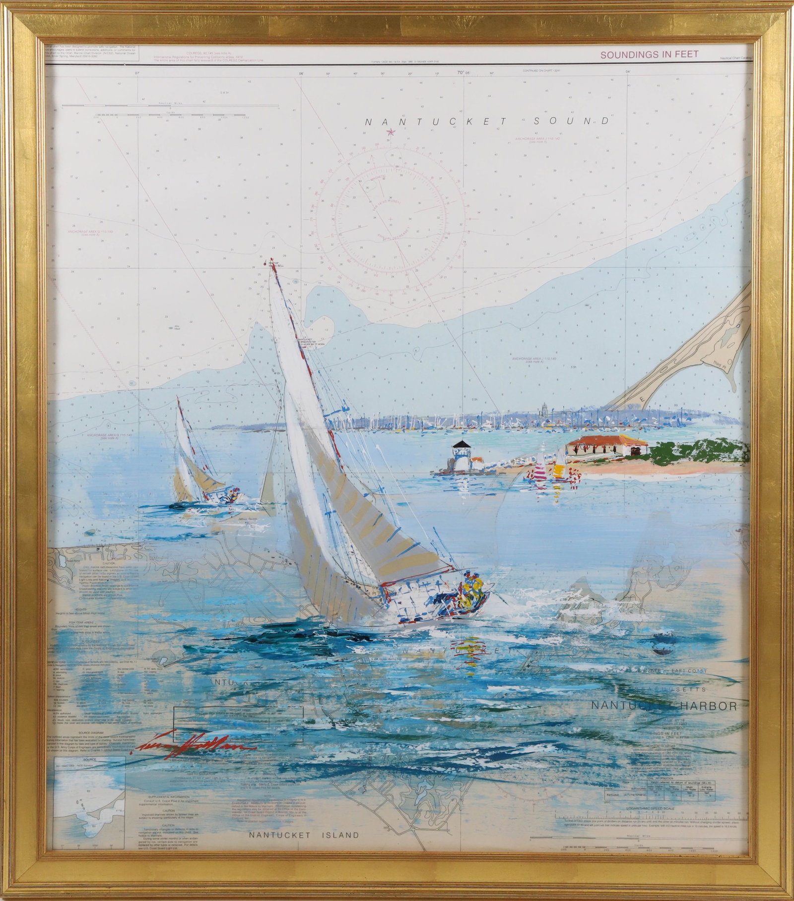 Kerry Hallam Acrylic on Nantucket Sound Chart "Sailboats Rounding Brant Point" (1 of 4)