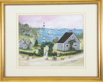 Vintage Jan Munro Nantucket Folk Art View of Sconset and Sankaty Light