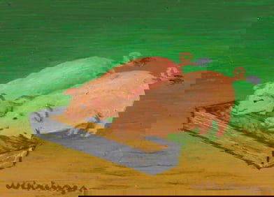 Charles Wehringer Miniature Still Life Oil on Board "Pigs at the Trough"