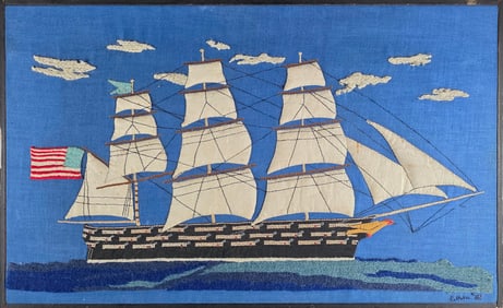 Vintage Three Masted American Clipper Ship Needlepoint Embroidery, 20th century