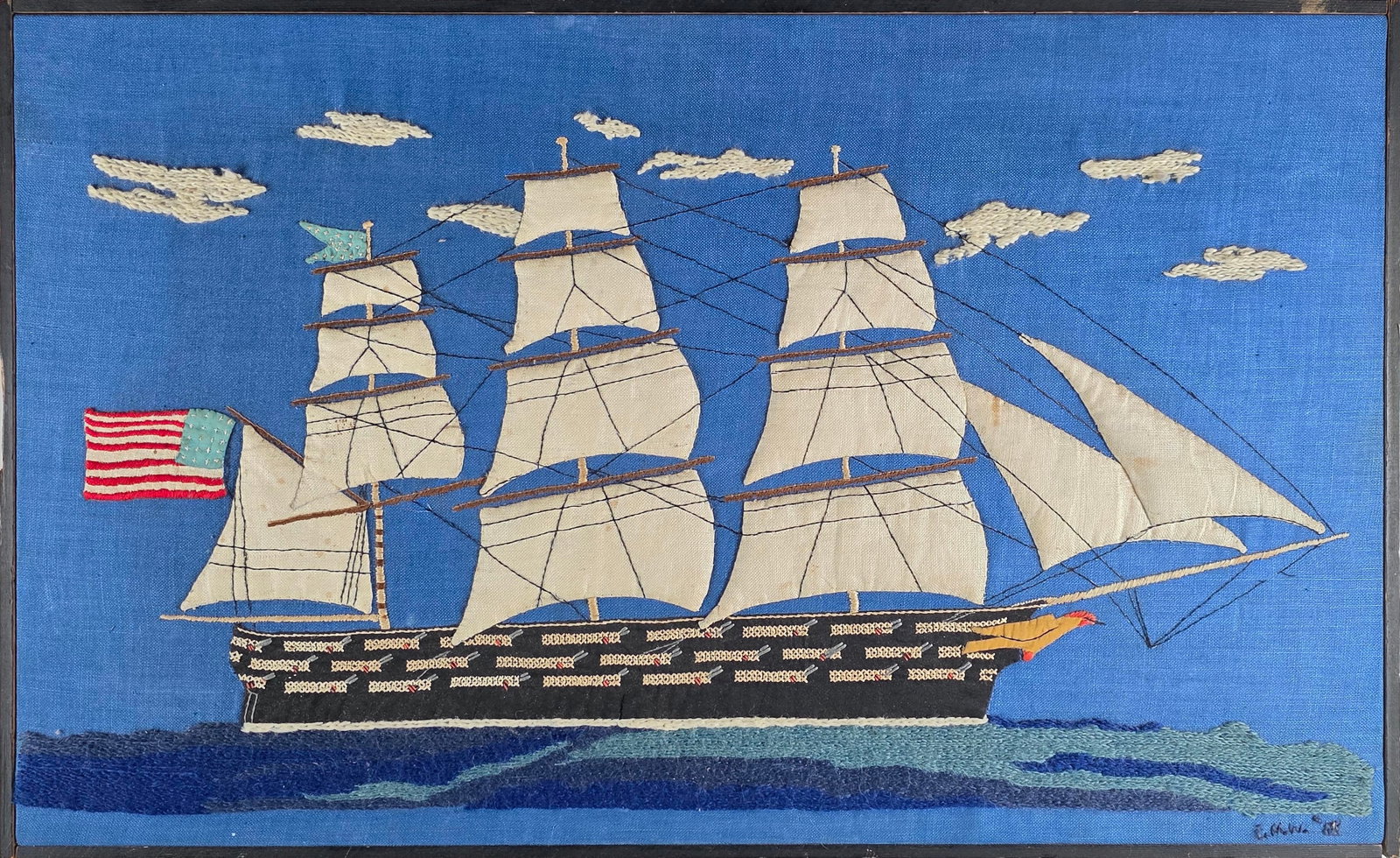 Vintage Three Masted American Clipper Ship Needlepoint Embroidery, 20th century (1 of 4)