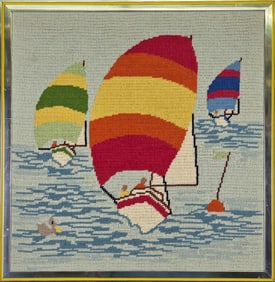 Vintage Erica Wilson Nantucket Sailboat Regatta Pictorial Needlepoint, 20th century