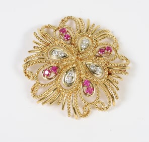18k Yellow Gold Tiffany & Co. Diamond and Ruby Brooch / Pendant