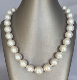 Fine 14mm x 17.3mm White South Sea Pearl Necklace, 14k White Gold and Diamond Clasp