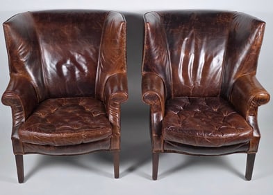 Pair of Brown Leather Upholstered Restoration Hardware Easy Chairs
