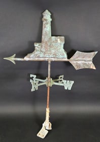 Vintage Figural Copper Lighthouse Directional Weathervane, 20th century
