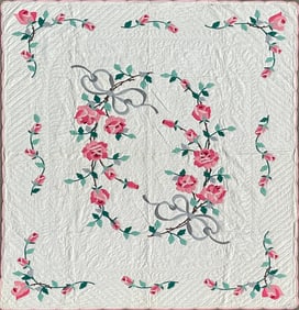 Vintage Pink Roses and Grey Ribbon Applique Quilt, circa 1940s