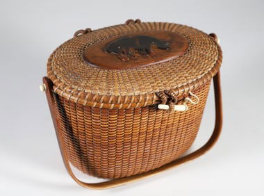 Sherwin Boyer Nantucket Friendship Basket with Carved Pig on Lid