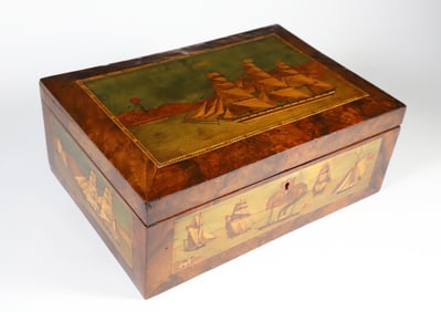 Fine Trinity House Inlaid Sewing Box with Depictions of 10 Ships Including the Lightship Nore, 19th