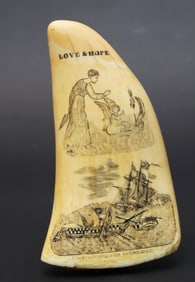 Signed and Dated 1839 Scrimshaw Sperm Whale Tooth "Love & Hope" "Constitution and Guerriere"