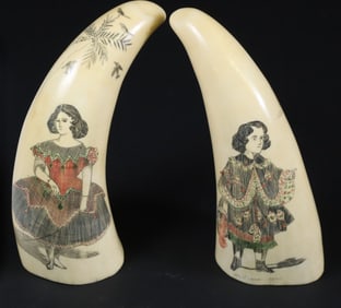 Pair of Polychrome Whale Teeth with Portraits of Young Lady and Gentleman, 19th Century