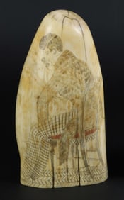 Antique Polychrome Scrimshaw Whale Tooth Depicting the Locket Engraver, 19th Century