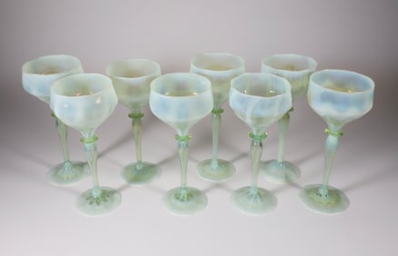 Rare Set of Eight Signed Louis Comfort Tiffany Pastel Opalescent Green Wine Glasses Signed L.C.T. ,