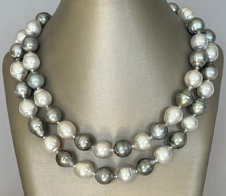 Fine 12mm x 13.8mm White South Sea and Grey Baroque Tahitian Pearl Necklace, 14k White Gold Clasp