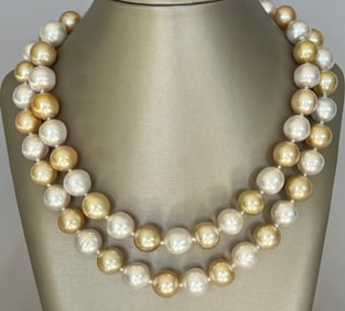 Fine 12mm x 13.9mm Natural Gold and White South Sea Baroque Pearl Necklace, 14k Yellow Gold and