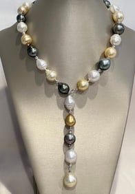 Fine 16mm - 11mm White and Gold South Sea and Tahitian Pearl Lariat Necklace