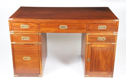 Mahogany Campaign Style Brass Bound Three-Part Knee Hole Desk