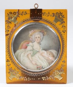 18th C. Hand Painted Miniature Portrait of a Lady Wearing a Bonnet and Holding Roses