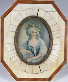 Miniature Portrait of Elizabeth of France in Antique Ivory and Tortoiseshell Frame, 19th Century