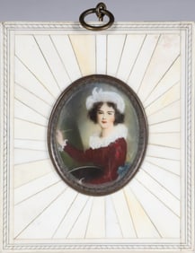Miniature Portrait of a Lady in Antique Ivory Frame, 19th Century