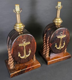Pair of Ships Anchor and Rope Block Pull Table Lamps