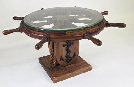 Vintage Ships Wheel, Anchor, and Rope Block Pull Coffee Table, 20th century