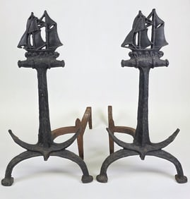 Pair of Vintage Cast Iron Anchor and Clipper Ship Andirons